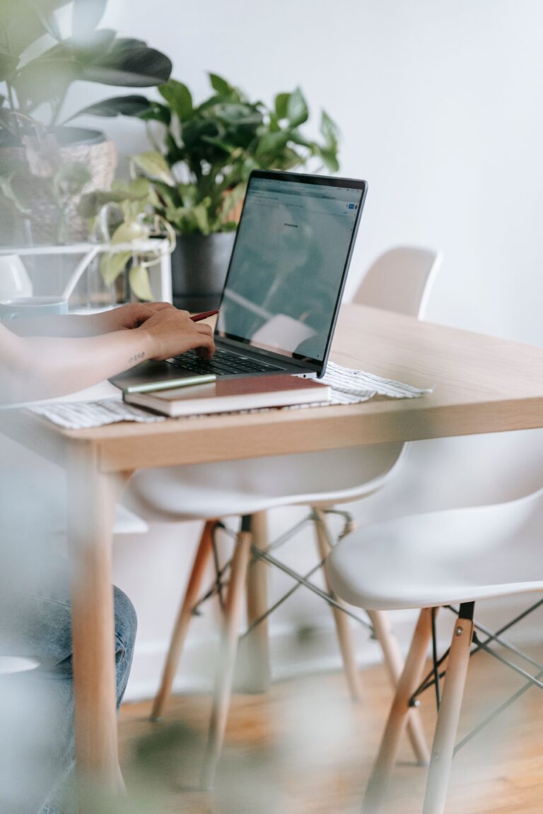 Desk with a laptop and plants
